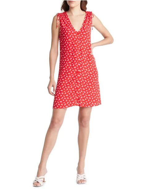 Image for Women's Floral Printed Ruched Shoulder Dress,Red