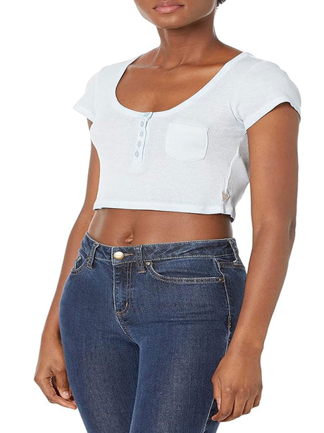 Image for Women's Ribbed Cropped Henley Top,Light Blue