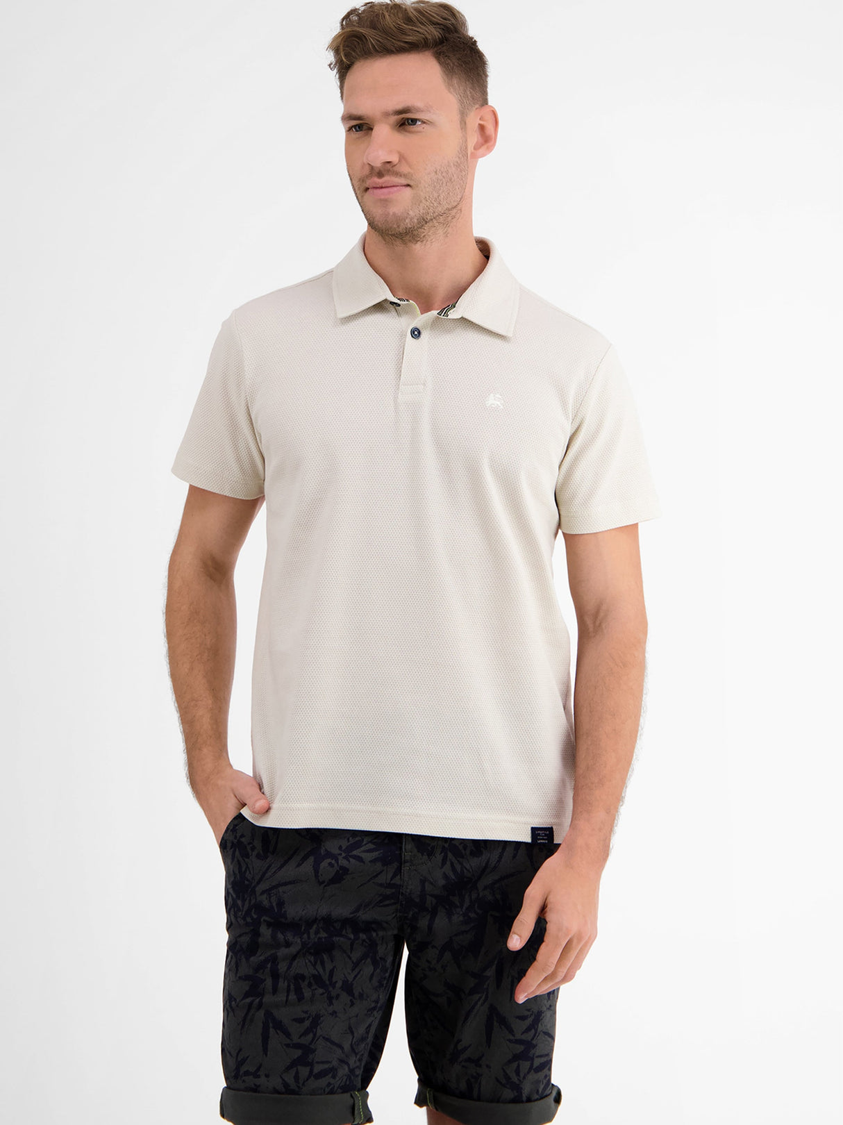 Image for Men's Brand Logo Embroidered Textured Polo Shirt,Beige