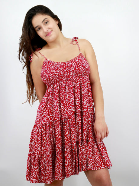 Image for Women's Floral Printed Smocked Dress,Red