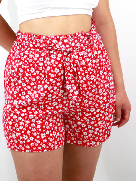 Image for Women's Floral Printed Self Belted Short,Red
