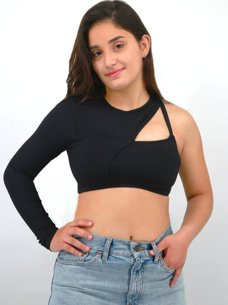 Image for Women's Ribbed One Shoulder Crop Top,Black