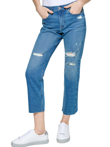 Image for Women's Ripped Straight Jeans,Dark Blue