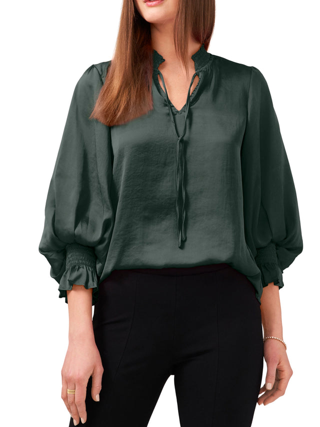 Image for Women's Smocked Detail Satin Blouse,Dark Green