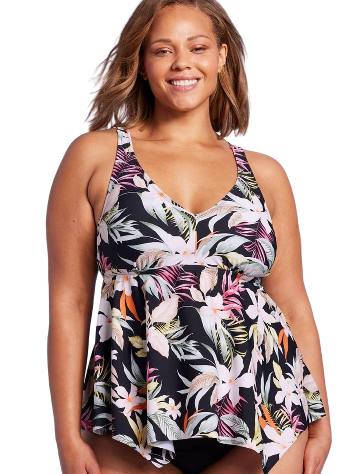 Image for Women's V-Neck Strappy Back Floral Tankini Top,Black