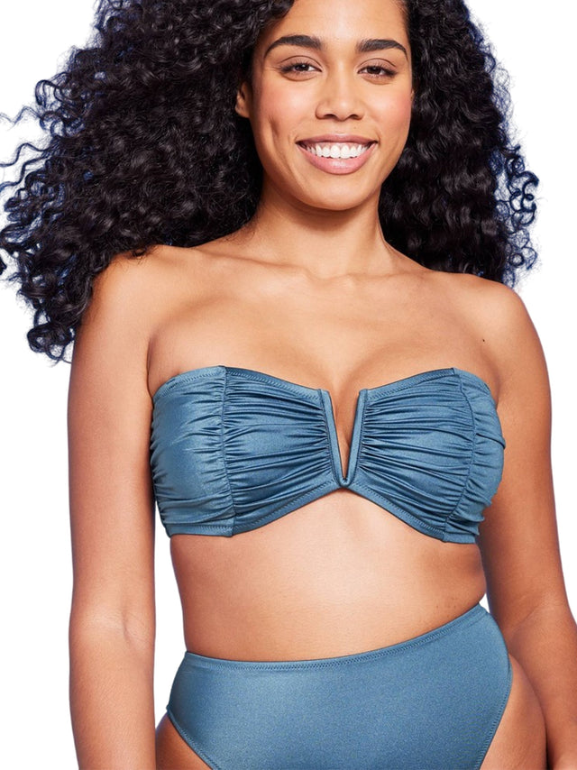 Image for Women's V-Wire Shirred Shiny Bandeau Bikini Top,Blue