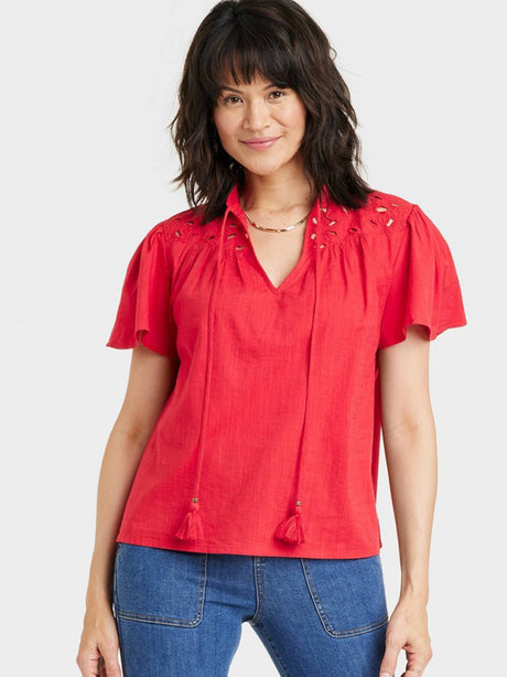 Image for Women's Floral Embroidered Top,Red
