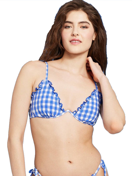 Image for Women's Textured Plaid Ruffle Trim Bikini Top,Blue