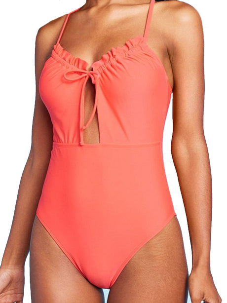 Image for Women's Front Cut Out Ruffle Detail One Piece Swimsuit,Coral