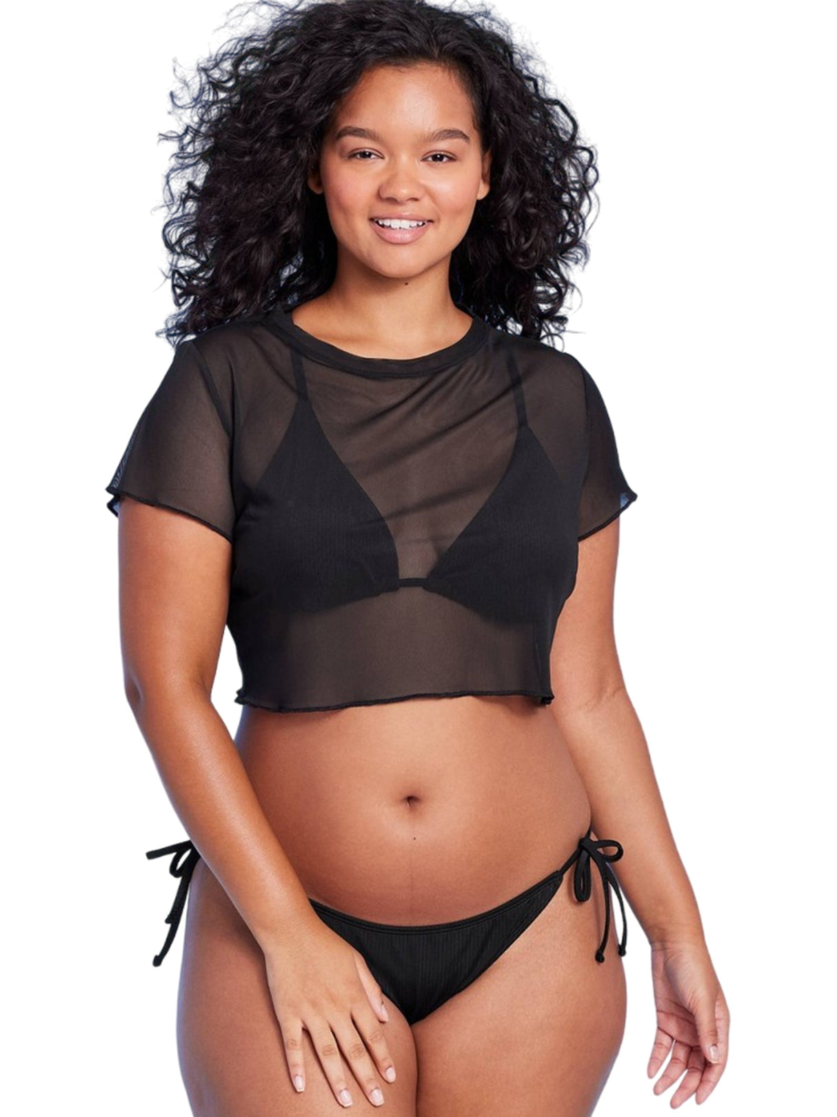 Image for Women's Cover Up Mesh Cropped Top,Black