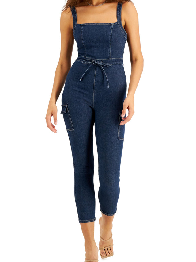 Image for Women's Belted Denim Jumpsuit,Dark Blue