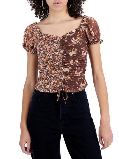 Image for Women's Floral Printed Ruched Top,Brown