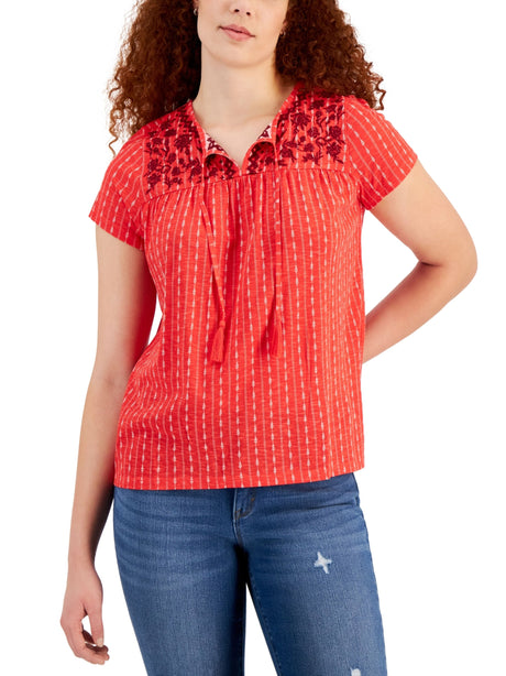 Image for Women's Floral Embroidered Top,Red