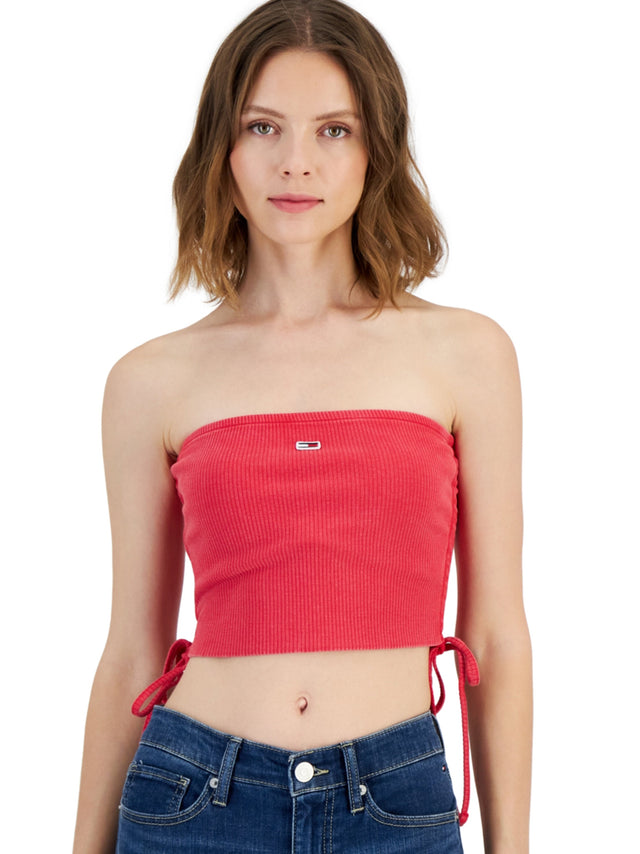 Image for Women's Brand Logo Embroidered Side-Ruched Crop Top,Red