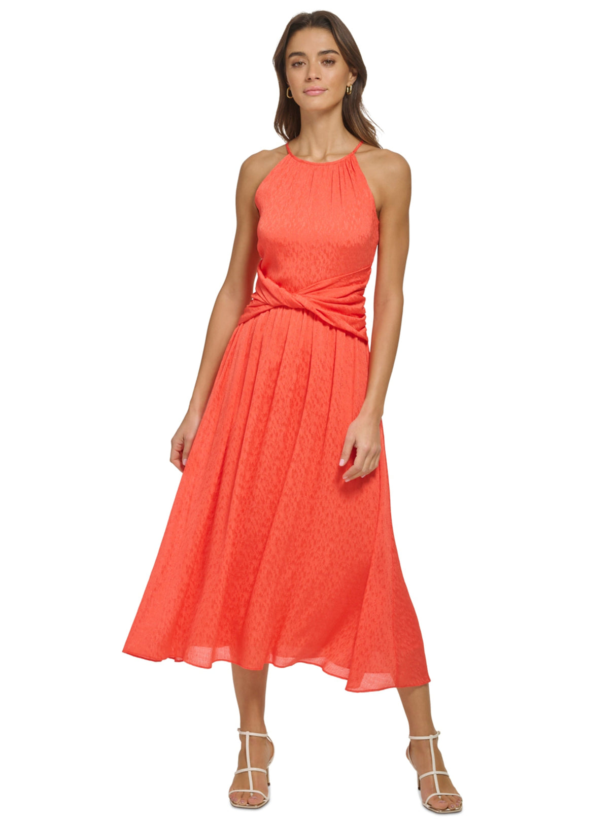 Image for Women's Halter Twist-Waist Floral MIDI Dress,Orange