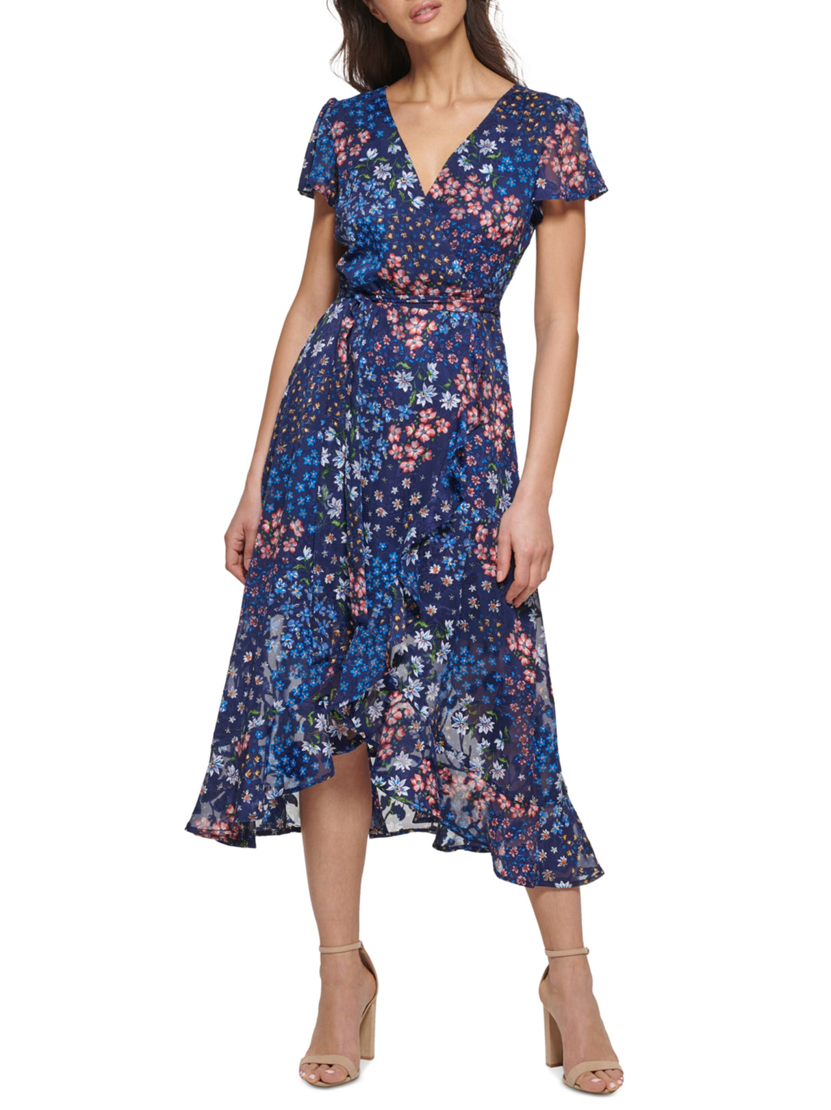 Image for Women's Ruffled Floral Printed Dress,Dark Blue