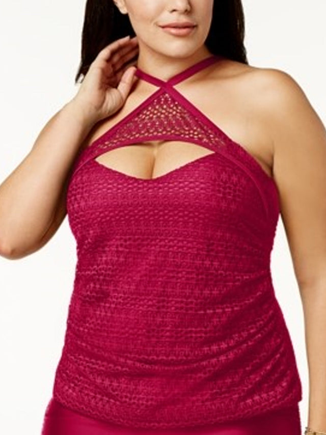 Image for Women's Crochet High Neck Tankini Top,Red