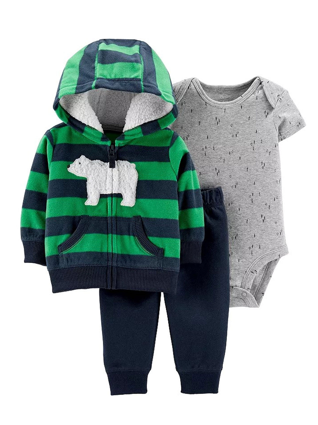 Image for Kids Boy's 3 Pcs Graphic Embroidered Striped Top & Bottom Set,Navy/Green