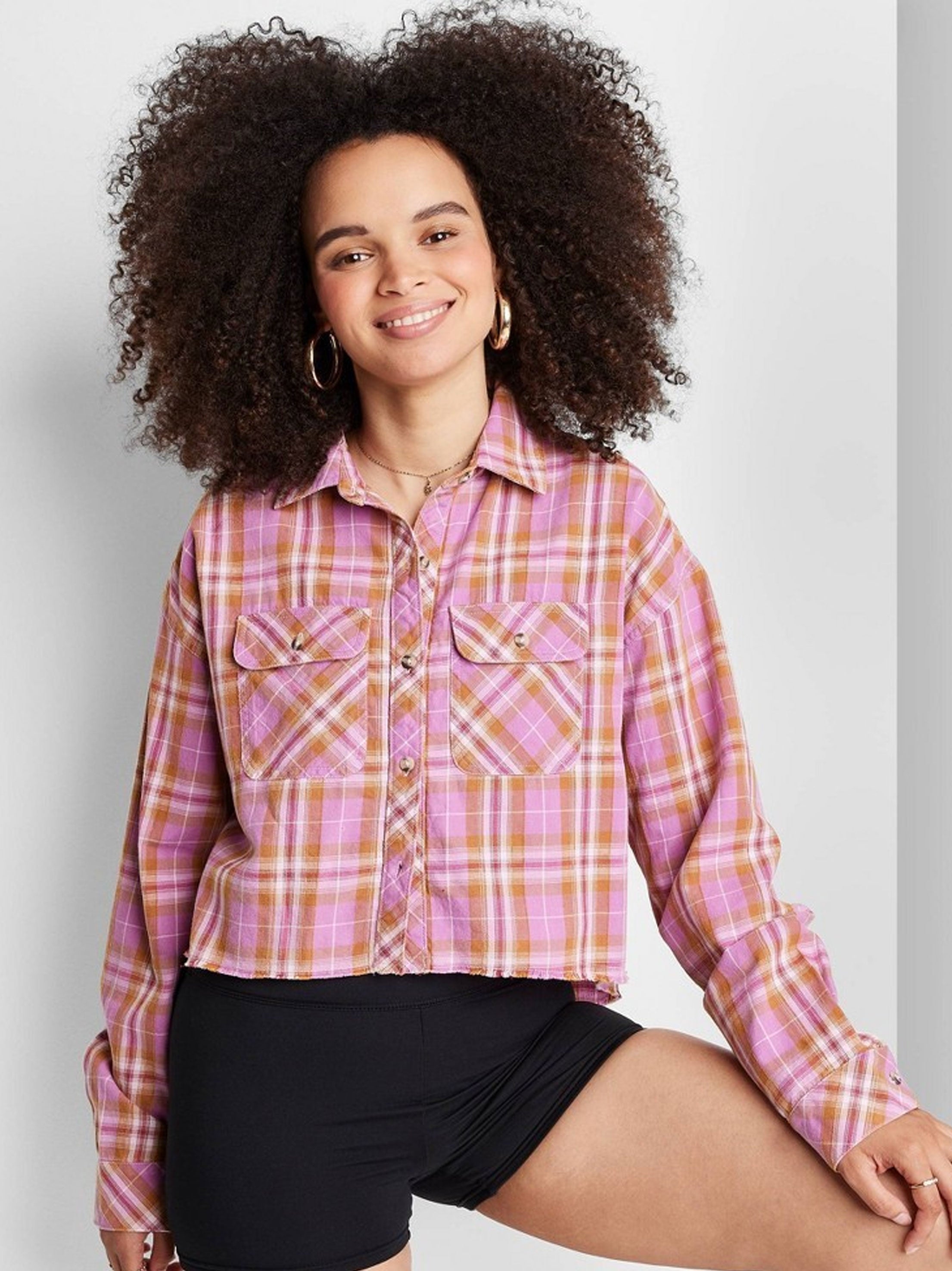Women's Plaid Cropped Shirt,Pink – All Brands Factory Outlet