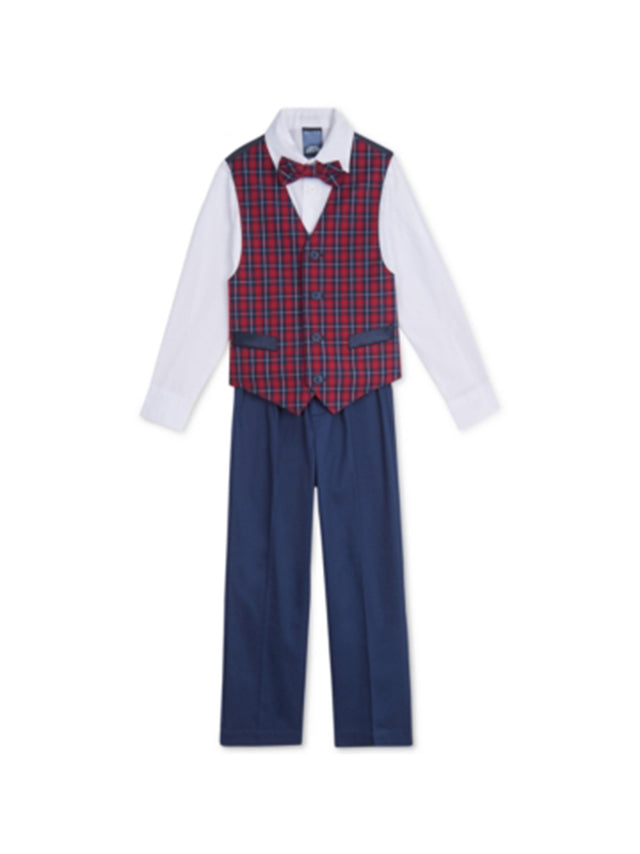 Image for Kids Boy's 4 Pcs Plaid Top & Bottom Set,Navy