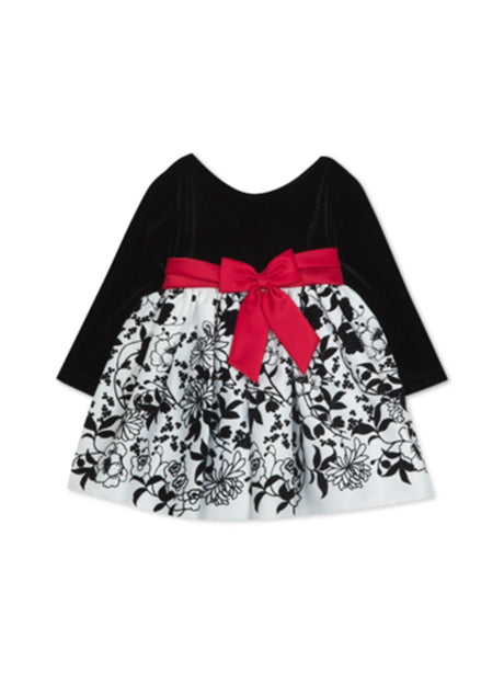 Image for Kids Girl's Floral Printed Velvet Dress,Black/White