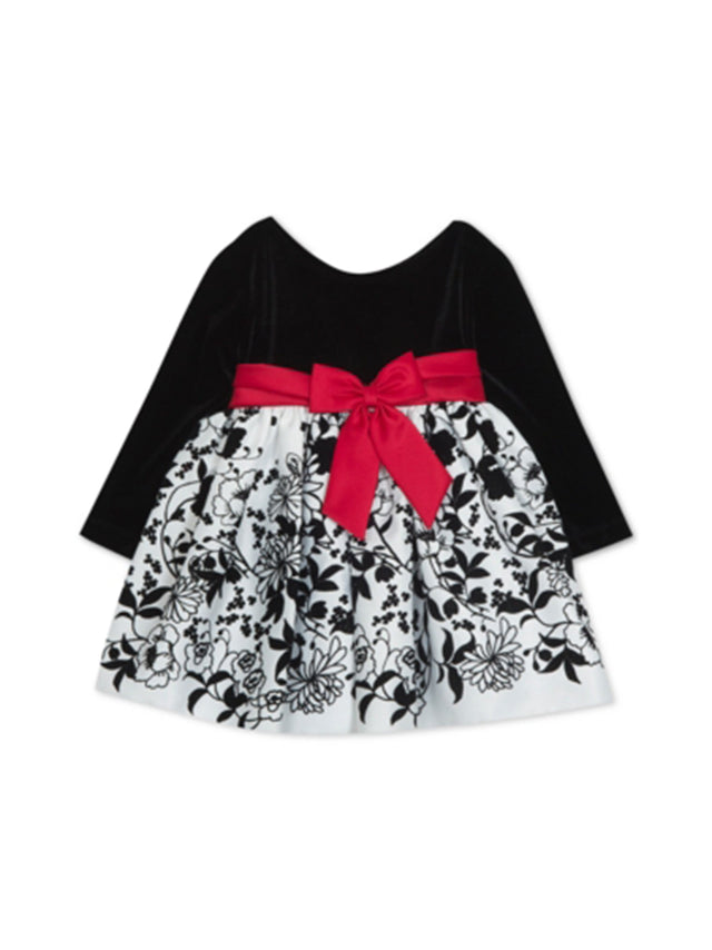 Image for Kids Girl's Floral Printed Velvet Dress,Black/White