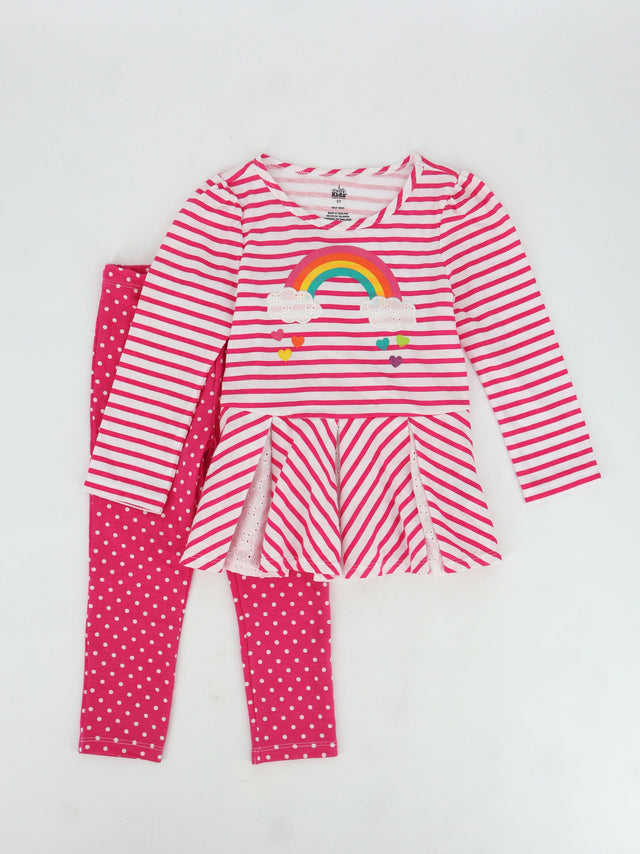 Image for Kids Girl's 2 Pcs Striped Polka Dot Top & Bottom Set,Pink/White