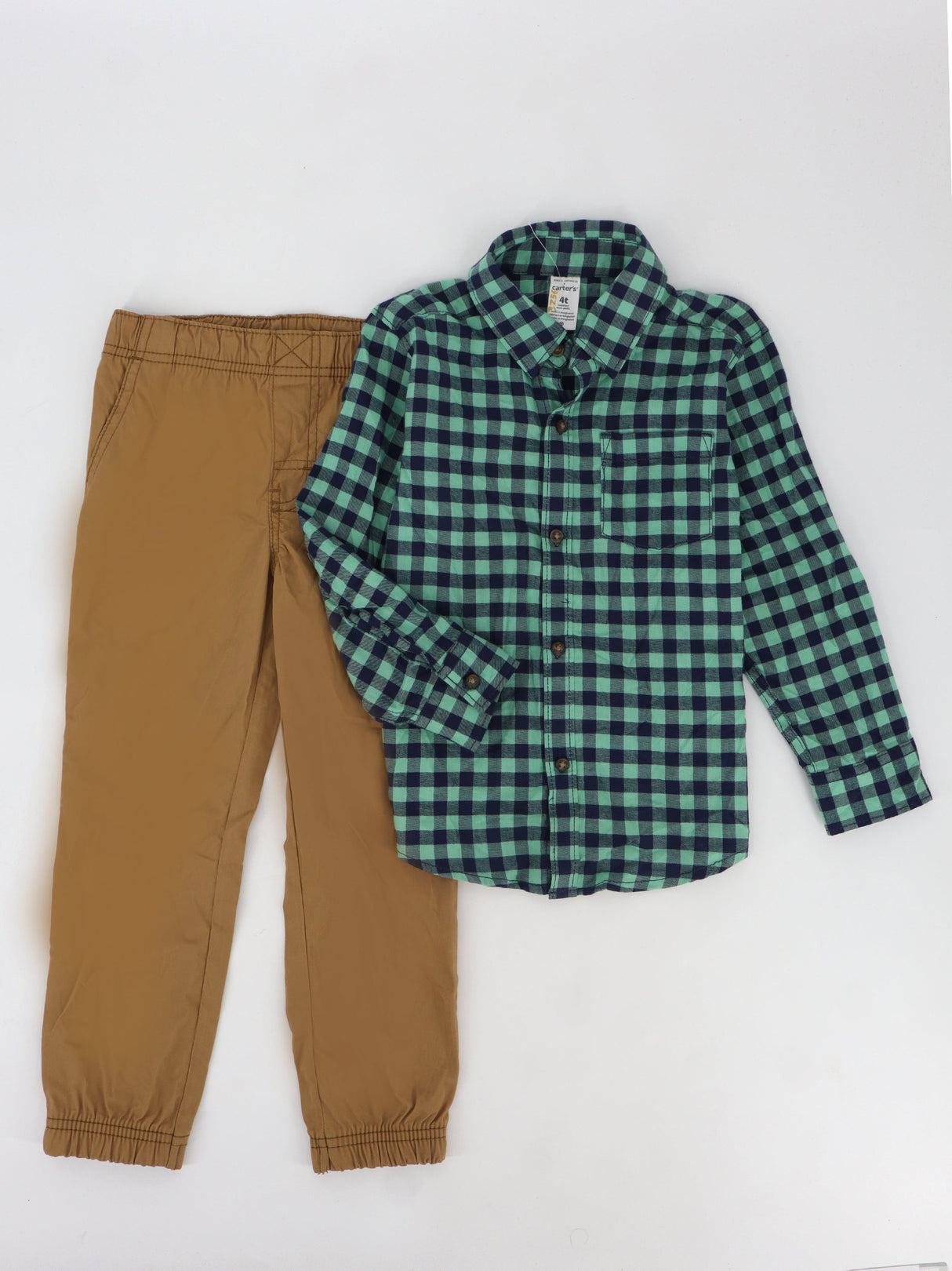 Image for Kids Boy's 2 Pcs Plaid Top & Bottom Set,Green/Brown