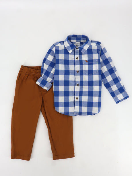 Image for Kids Boy's 2 Pcs Plaid Top & Bottom Set,Blue/Brown