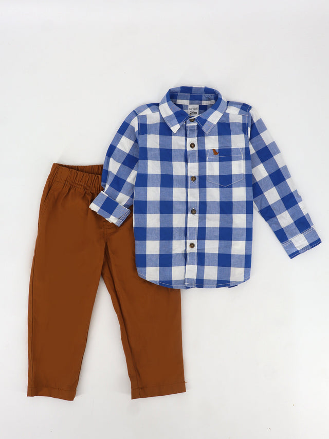 Image for Kids Boy's 2 Pcs Plaid Top & Bottom Set,Blue/Brown