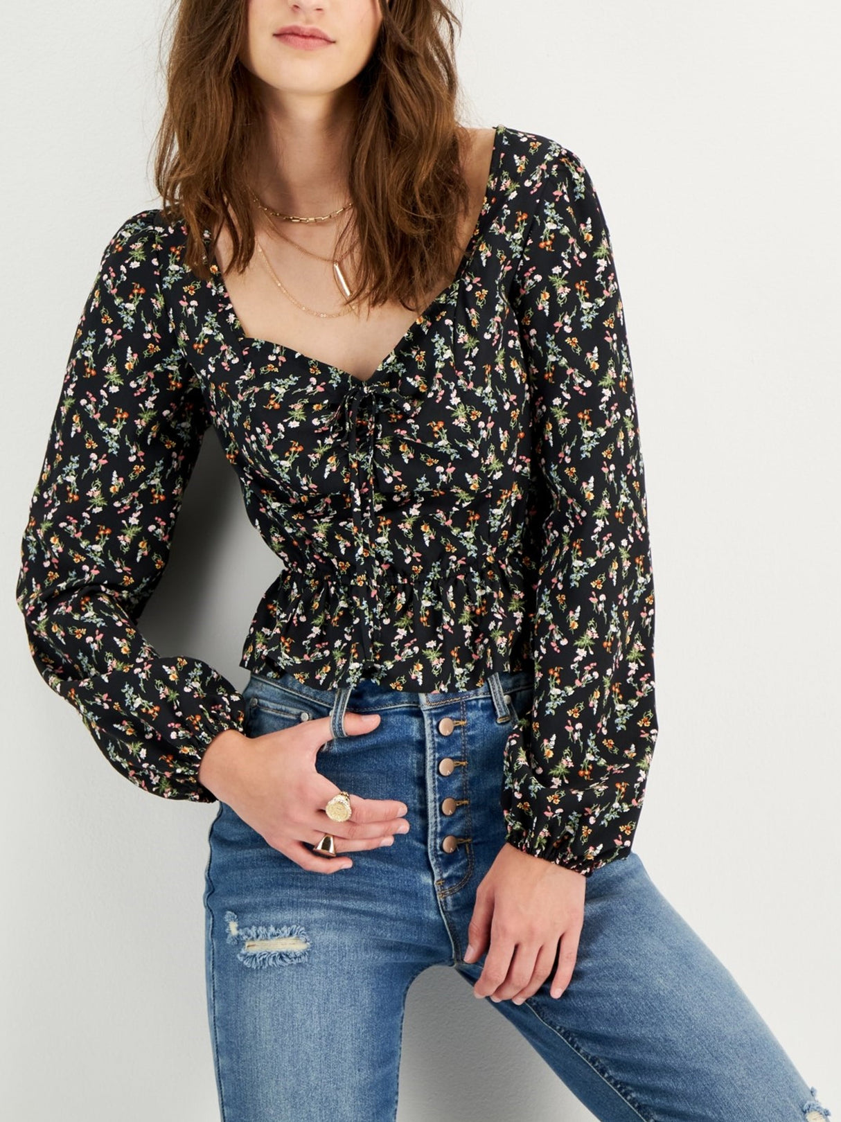 Image for Women's Floral Printed Puff Sleeve Top,Black