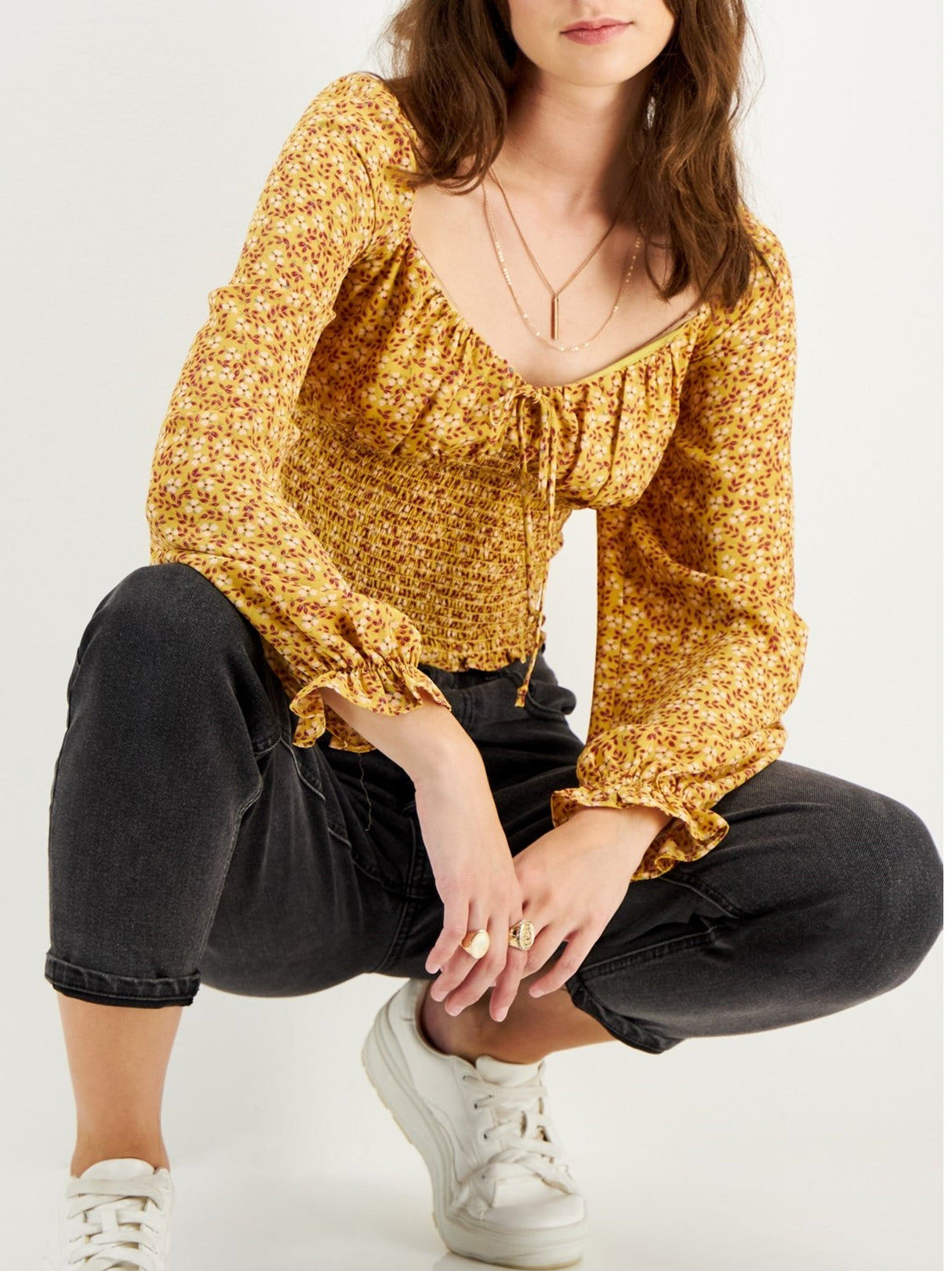 Image for Women's Floral Printed Smocked Top,Yellow