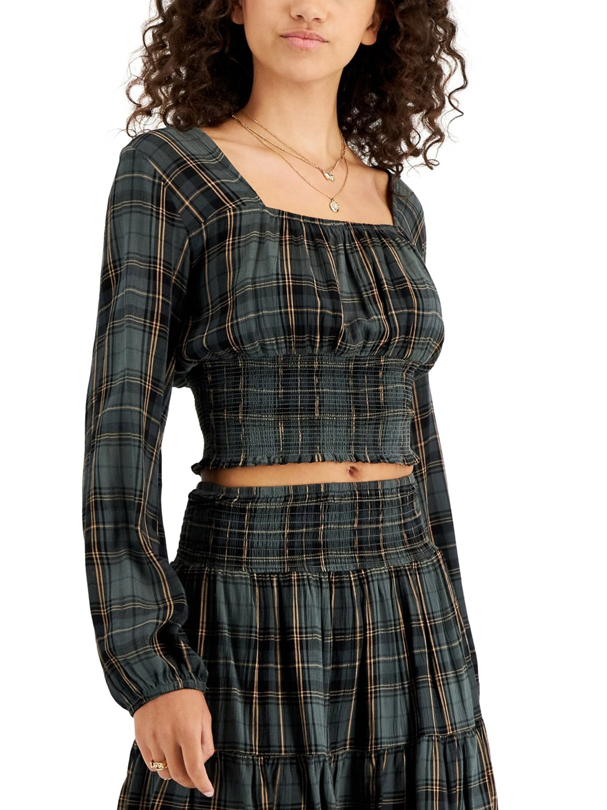 Image for Women's Plaid Smocked Top,Dark Green