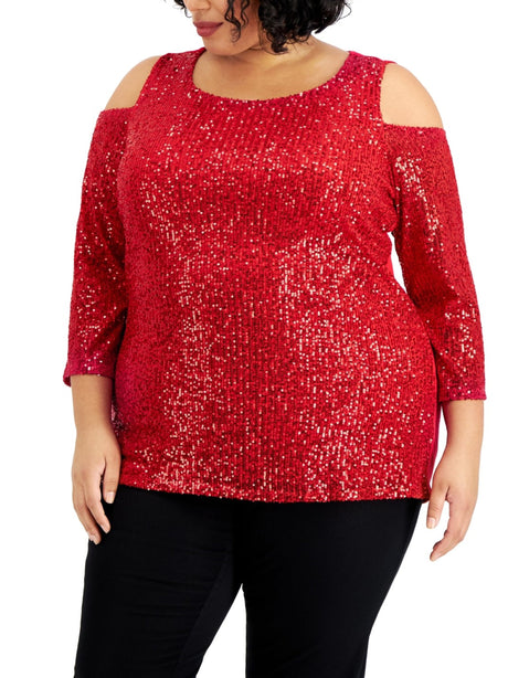 Image for Women's Sequined Cold Shoulder Top,Red