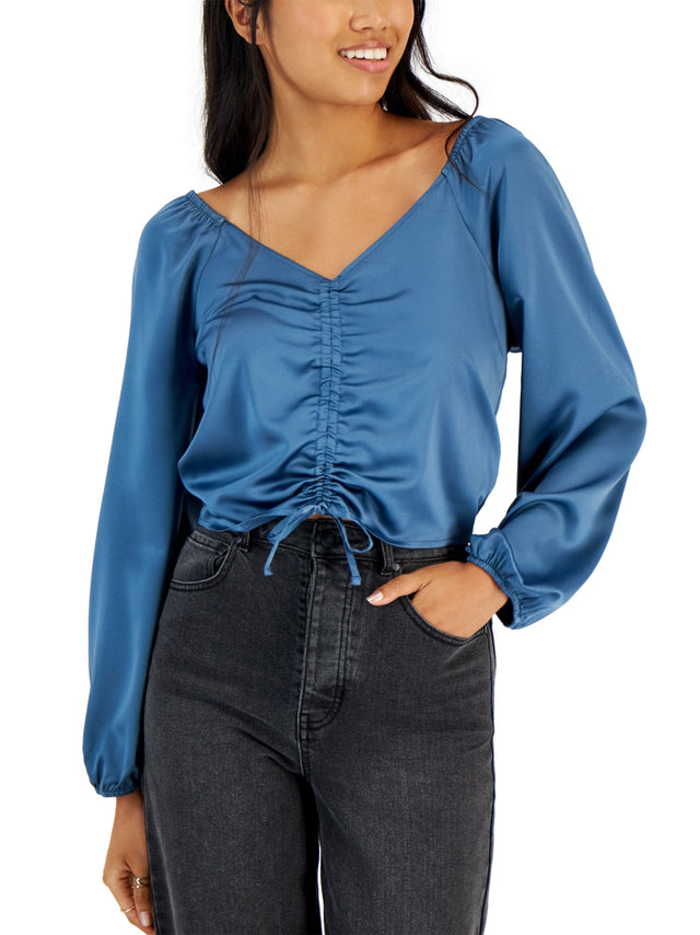 Image for Women's Ruched Front Satin Top,Blue