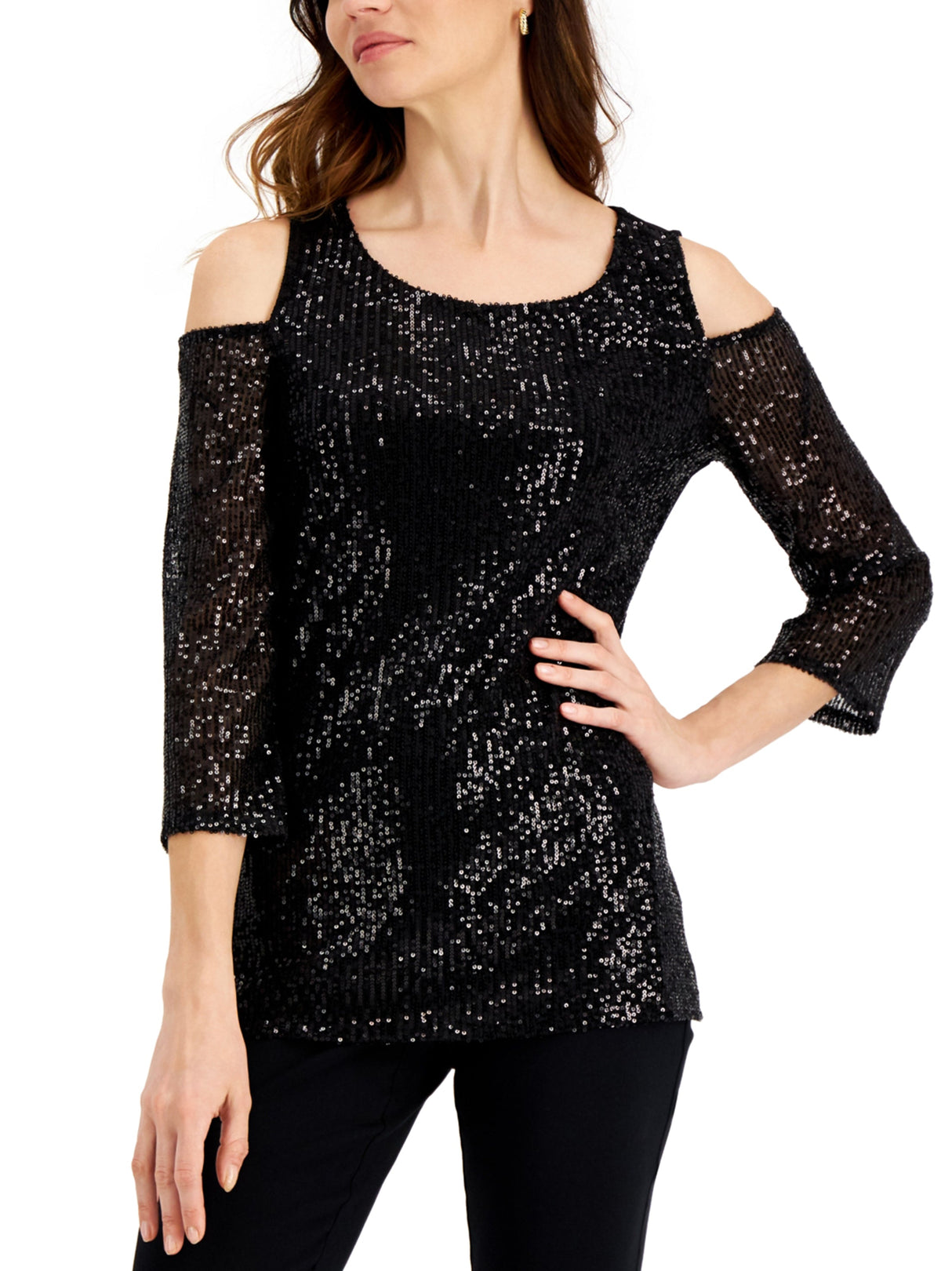 Image for Women's Cold Shoulder Sequined Top,Black