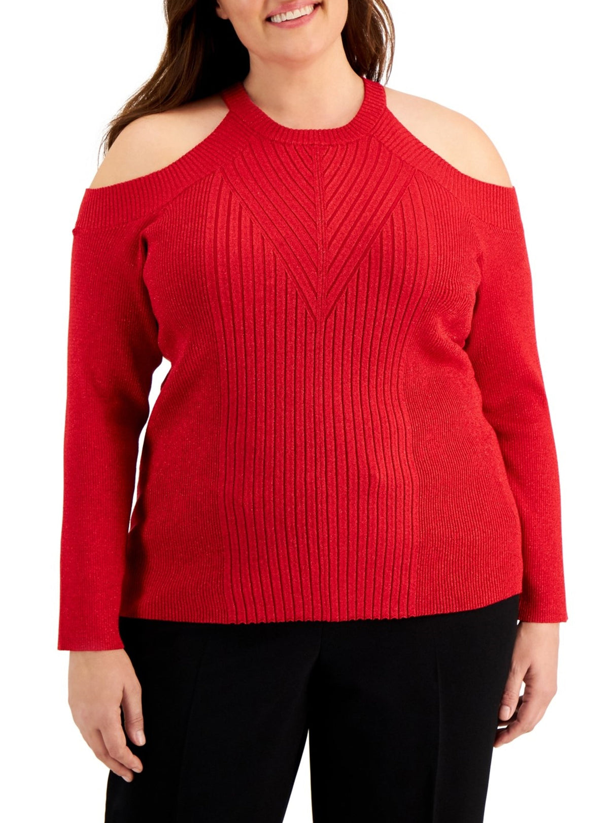 Image for Women's Cold Shoulder Glitter Sweater,Red