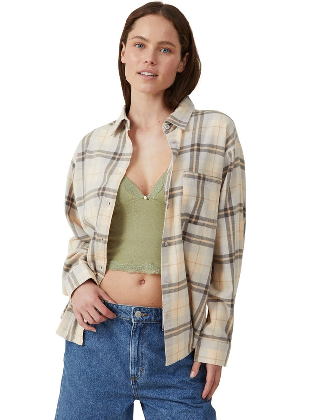 Image for Women's Buttons Up Plaid Shirt,Beige