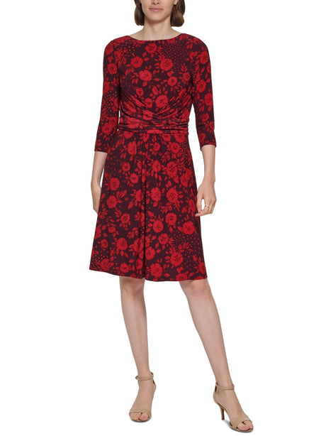 Image for Women's Floral Printed Ruched Dress,Red