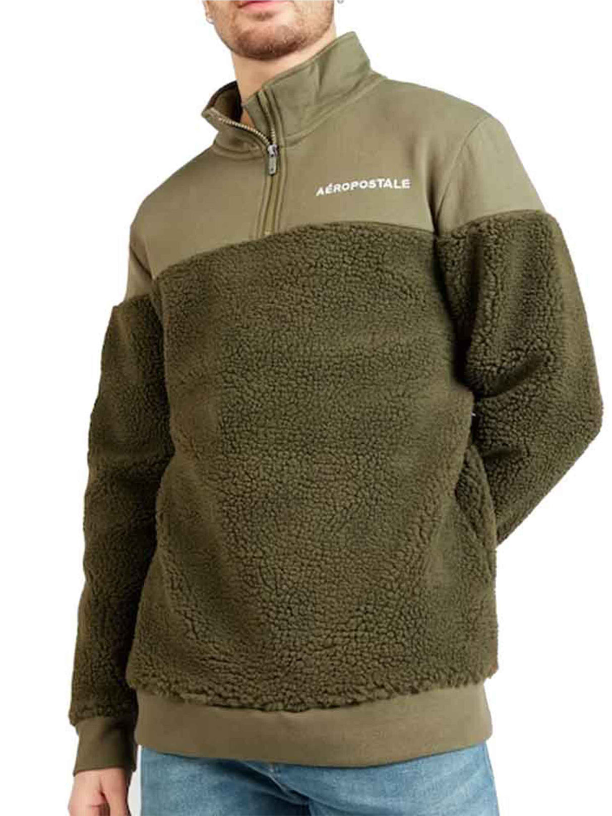 Men's Brand Logo Embroidered Sherpa Sweatshirt,Olive