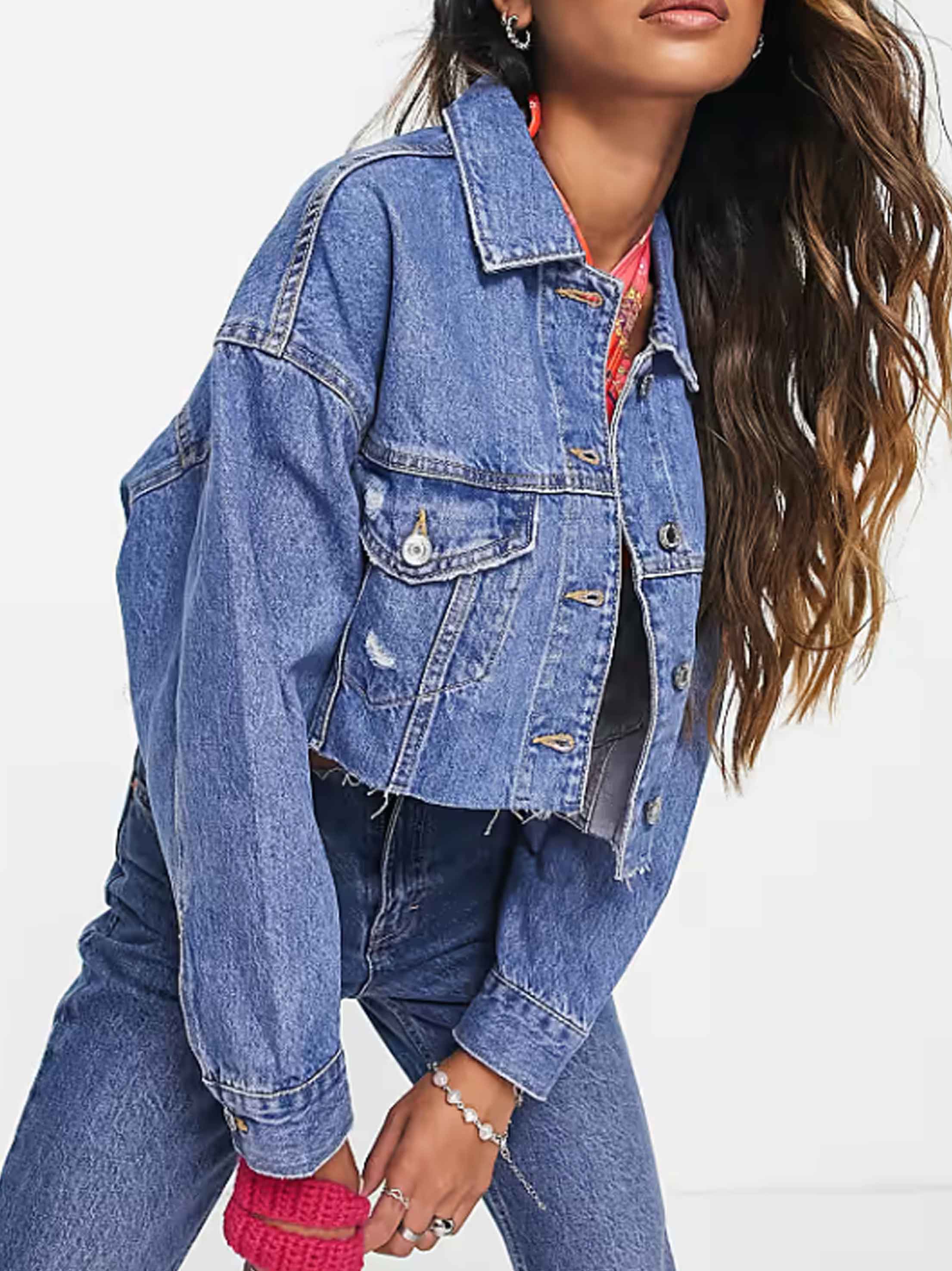 Women s Ripped Cropped Denim Jacket Blue All Brands Factory Outlet