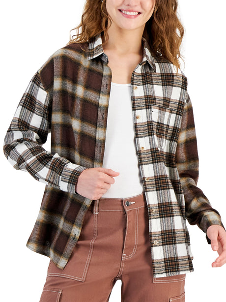 Image for Women's Plaid Buttons Up Shirt,Brown