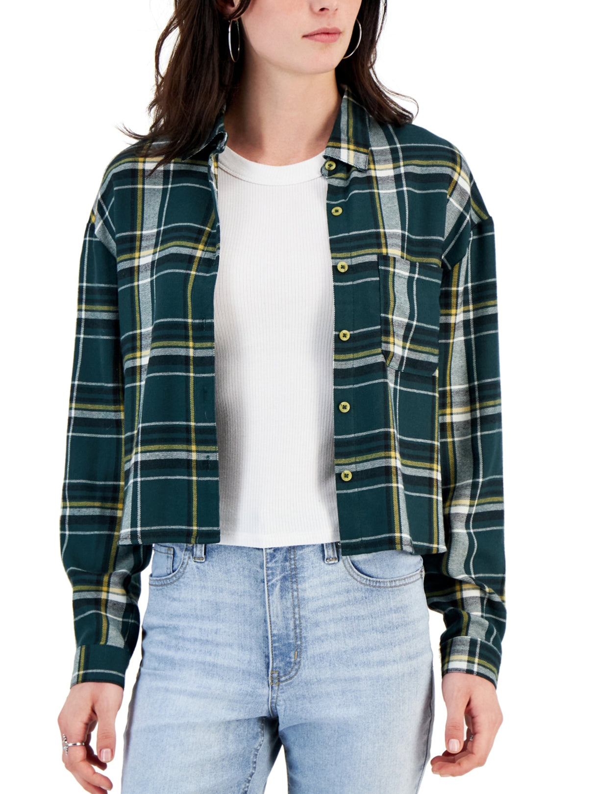 Image for Women's Plaid Cropped Buttons Up Shirt,Green