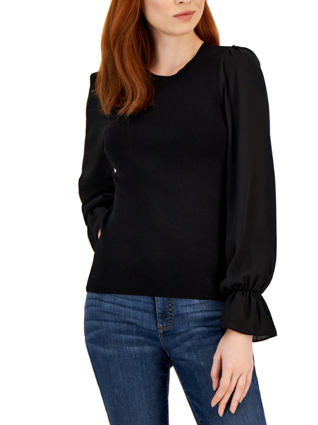 Image for Women's Plain Woven Sleeves Sweater,Black