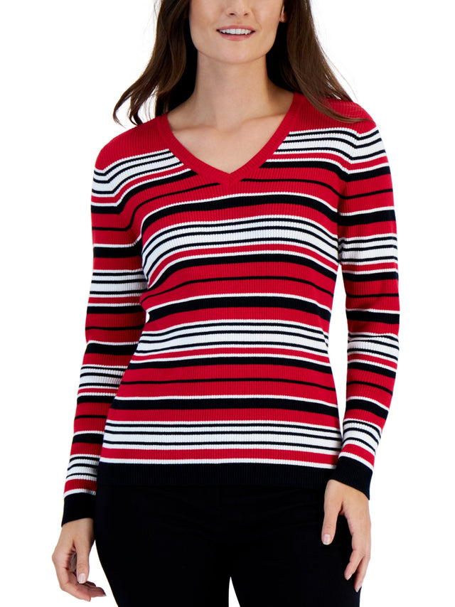 Image for Women's Ribbed Striped Sweater,Red
