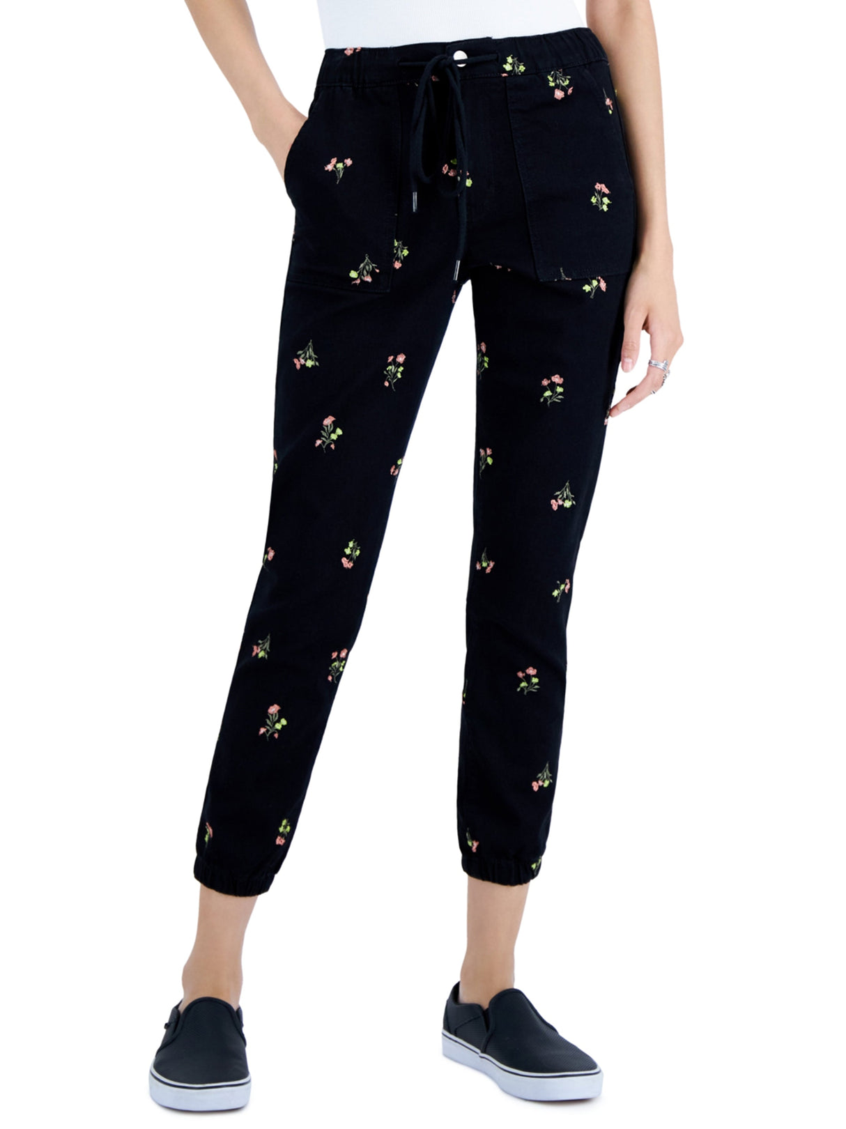 Image for Women's Floral Embroidered Denim Joggers,Black