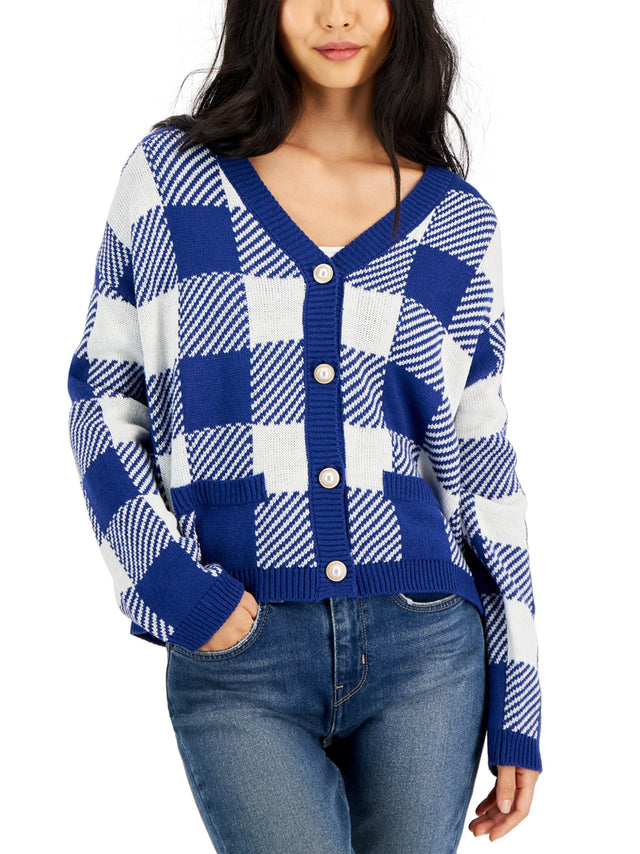 Image for Women's Plaid Cardigan,Blue/White