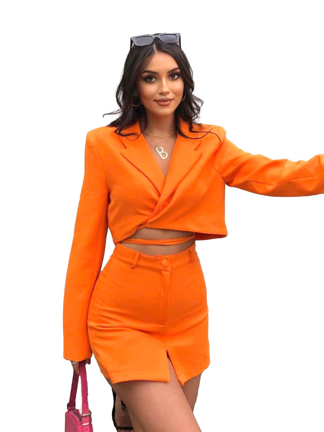 Women's Pcs Cropped Tie Waist Blazer Skirt Set,Orange – All