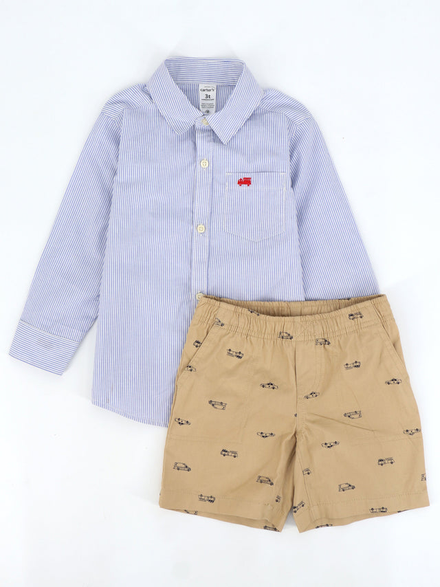 Image for Kids Boy's 2 Pcs Striped Shirt & Short Set,Light Blue/Beige