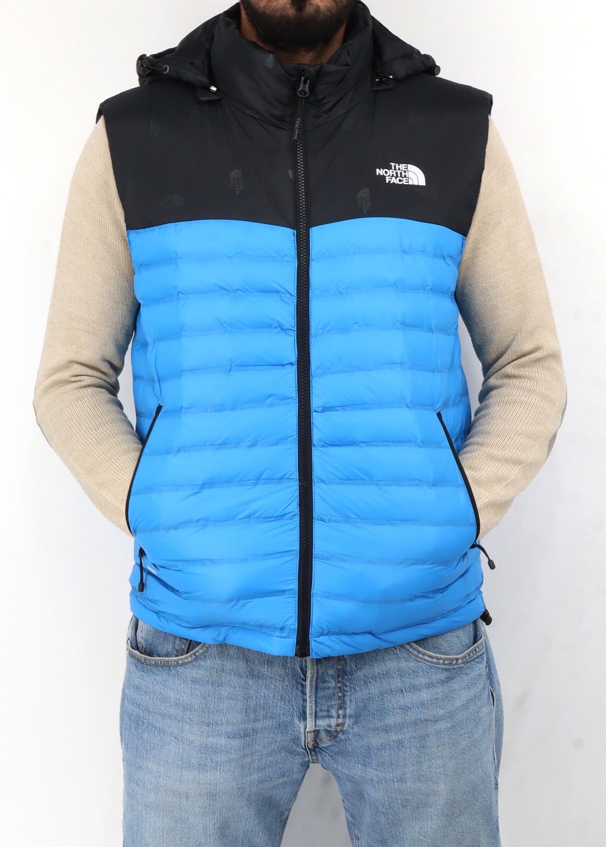 Image for Men's Brand Logo Printed Puffer Vest,Black/Blue